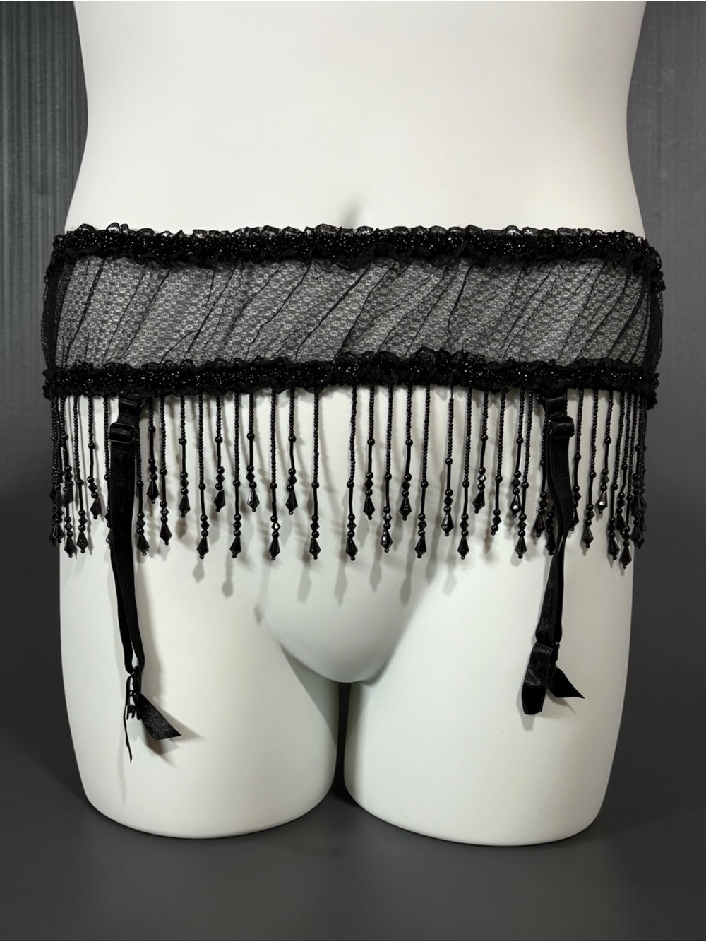 Black Lace Garter Belt Beaded Fringe Sheer Lingerie Waist Cincher Goth Burlesque